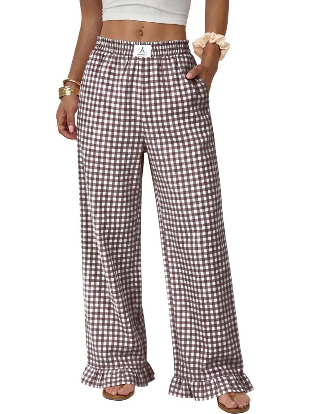 Lightweight Gingham Palazzo Pants with Ruffle Hem - Summer Casual Perfection